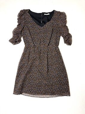 Eliot 100% Silk Brown Floral V-Neck Puff Sleeve Mini Dress Size 2